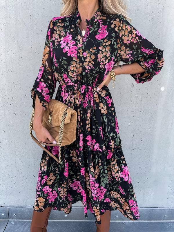 Karen Black Pink Multi Print Long Sleeve Midi Dress